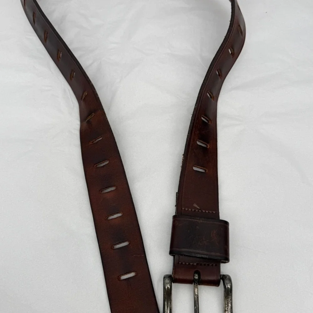 Brown Leather Perforated Belt Distressed Rugged Casual Brown Size 39